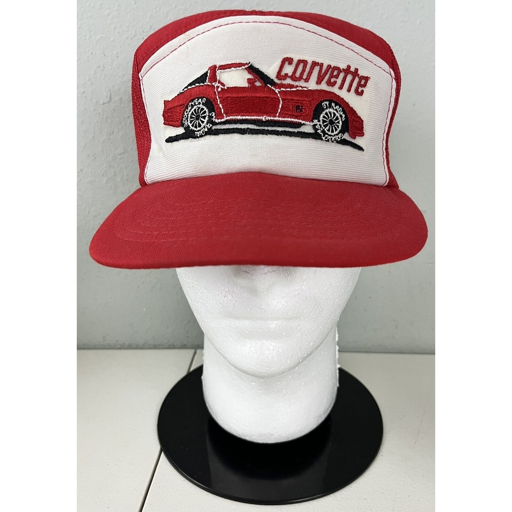 Vintage Chevy Corvette Trucker Mesh Snapback Hat Red White YoungAn